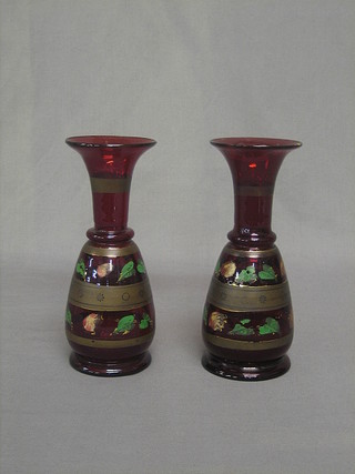 A pair of Continental red glass club shaped vases  8"