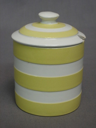 A yellow and white striped T G Greener Cornish Kitchenware preserve jar and cover, base with green shield mark 3"