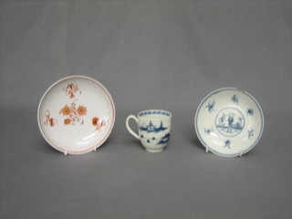 A Worcester Dr Wall blue and white coffee can together with a ditto saucer (chipped) and an Oriental saucer