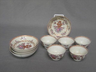 5, 18th Century "Lowestoft" tea bowls and saucers (some damage)