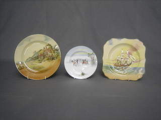 A Royal Doulton seriesware plate decorated a cottage, a Royal Doulton plate decorated HMS Bounty and 1 other decorated a hunting scene