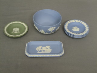 A Wedgwood blue Jasperware bowl 5", do. pin tray 6", 3 ditto blue dishes decorated bull, ram and classical figures, a green dish decorated the Arms of the City of London 4"