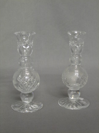 A pair of red cut glass club shaped vases, decorated roses 7"