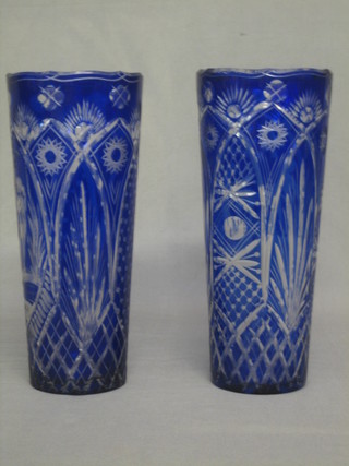 A pair of Bohemian blue overlay cut glass vases decorated erotic scenes 12"