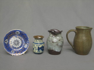 An Eweni Welsh Art Pottery brown glazed shaped vase 5", 1 other Art Pottery vase 4", an Art Pottery jug and a circular dish
