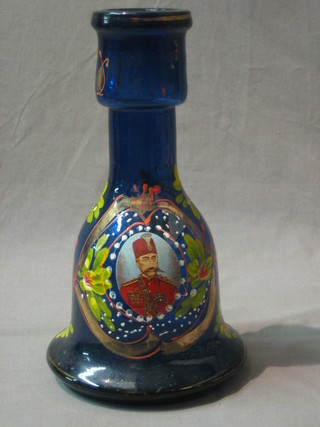 A Bohemian blue glass Hukka base with transfer decoration - portrait of a General within floral panels 10"