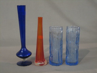 A pair of Lee Art Glass barked vases 6 1/2", an orange vase 8" and a Bristol Blue style vase 10" (4)