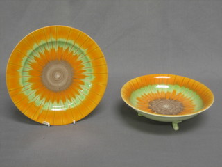 A Shelley Art Deco orange and green glazed circular straining dish with stand 8" (chip to stand)