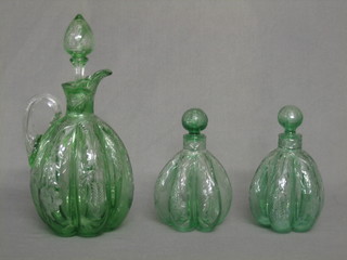 A green cut glass ewer (slight chip to rim) and 2 club shaped scent bottles