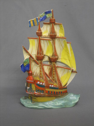 An Art Deco Czechoslovakian pottery model of a galleon, base marked Rhavens and incised 14256 13"