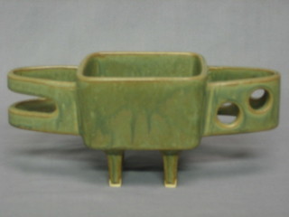 A green glazed rectangular Art Pottery pierced twin handled vase, the base marked 907 10"