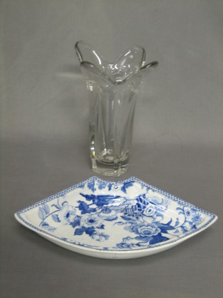 A 19th Century blue and white semi-china triangular shaped dish 13" together with an Art Glass vase 9 1/2"