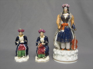 3 19th Century Staffordshire figures in the form of a standing Persian lady with guitar and 2 seated Persian gentleman 13" and 8" (f and r)
