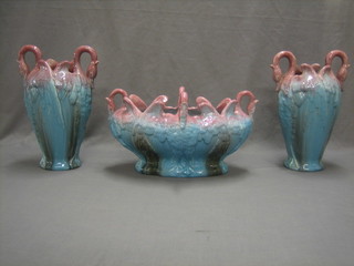 A French turquoise pottery 3 piece garniture decorated mythical birds