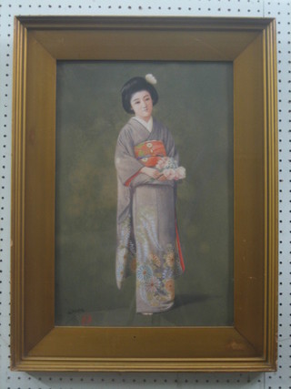 S Hodo, watercolour drawing "Standing Geisha with Flowers" 19" x 12"