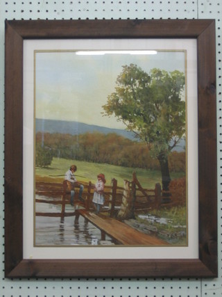 K Cherrington, watercolour drawing "Study of Two Children by A River, with Trees and Hill in the Distance" 17" x 13"