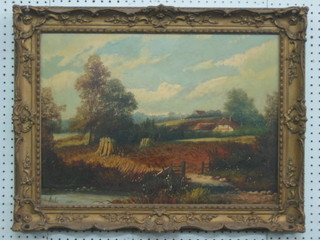 R Percy, 19th Century oil on canvas "Country Scene with Haystack and Country Cottage", re-lined, signed,  15" x 21"