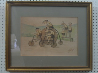 J Higgs, humerous watercolour drawing "Stone Age Cyclists", signed and dated 1913 9" x 13"