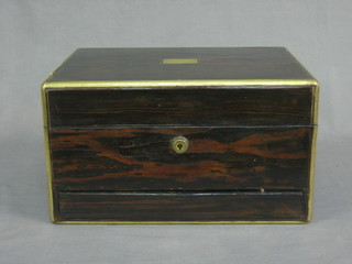 A Victorian Coromandel brass banded trinket box with hinged lid, the base fitted a drawer 12"