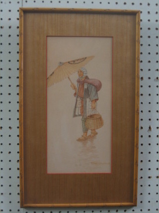 T Nakbayama, Oriental watercolour "Standing Gentleman with Parasol and Basket" 12" x 6"