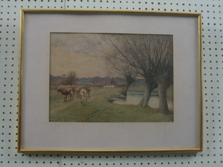 Arthur Trevor Haddon, watercolour drawing "River Scene with Trees and Cattle" dedicated to the front to My Friend John Hernaman and with dedication to the back "My dear old friend John Hernaman has taken a fancy to this childish production and is welcome to it.  I wish for his sake it was a hundred times better - A. Trevor Haddon, March 8 89, signed by John Hernaman dated 24.VI.1889 (some foxing) 9" x 13" 