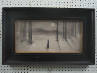 Harvey C Mitchell, a monochrome print "Moonlit Snowscape with Hare" 8" x 17" contained in an ebonised frame