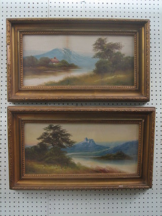 C Hans, a pair of Victorian oil paintings on board "Mountain Scenes with Rivers" 8 1/2" x 18"