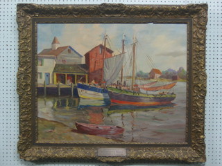 J J Enwright, oil on canvas "River Scene with Fishing Boats" signed 23" x 29" with plaque  "From The Employees of The Laurentian Silk Mills Ltd in Memory of Russell" 