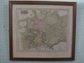 Thomson, a 19th Century coloured map of Germany 20" x 23" contained in a maple frame