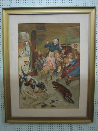 M Jerrom Copied, watercolour drawing "Late for School" signed and dated 1920 27" x 19"