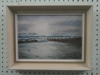 E Marchant, oil on board "Sea Scape" the reverse with a Foster & Reed label 6 1/2" x 10"
