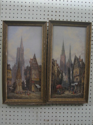 H Schafer, a pair of 19th Century oil paintings "Continental Cathedrals" 1 monogrammed and dated 1880, the other signed, the reverse marked Nuremberg Bavaria and Laudebec S/Seine France  14" x 6 1/2"  