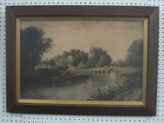 After Arthur Gordon, coloured print "River with Bridge" 12" x 19"