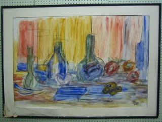 Gouache drawing "Study of Bottles and Fruit" 25" x 36" indistinctly signed and dated