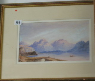 19th Century Continental watercolour "Mountain Lake with Figures Boating and Figure Fishing on Bridge" 7" x 11"
