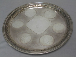 A circular engraved silver plated salver with crown M decoration 12"
