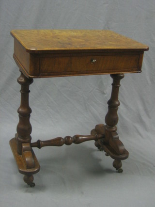 A Victorian walnut work box raised on a later turned oak base with H framed stretcher 21"