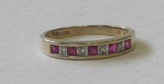 A gold half eternity dress ring set square cut diamonds and rubies