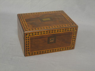 A Victorian rectangular walnut trinket box with inlaid decoration and hinged lid 10 1/2"