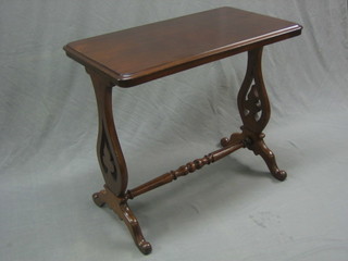 A Victorian rectangular mahogany stretcher table, raised on lyre supports with turned stretcher, 32"