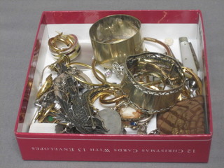 A silver bladed fruit knife, a silver napkin ring and a small collection of costume jewellery