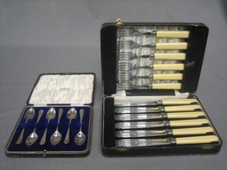 6 silver plated rat tail pattern teaspoons and 6 silver plated fish knives and forks, cased
