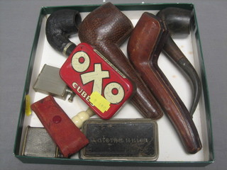 2 Meerschaum pipes with amber mouth pieces, 2 other pipes, 2 cigarette lighters etc