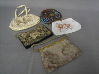 2 bead work evening bags, a gold wire evening bag and 2 others