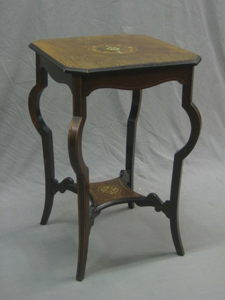 A Victorian square inlaid rosewood 2 tier occasional table, raised on cabriole supports 17"