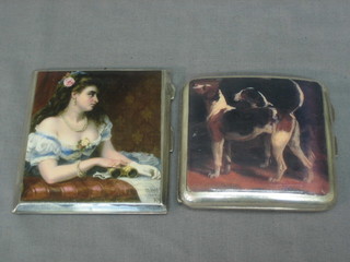 A silver cigarette case, the front with later panel decorated fox hounds and 1 other decorated a lady