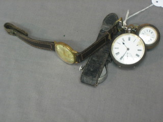An oval pocket watch contained in a silver plated case, 2 fob watches (f) and 3 wristwatches