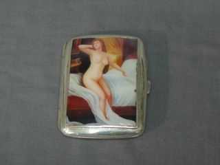 An engraved silver cheroot case the front with later decoration depicting a standing naked lady