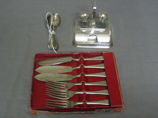 A set of 4 silver plated fish knives and forks together with 5 silver plated Old English pattern teaspoons and a salt and pepper