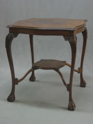 A Edwardian Chippendale style square mahogany occasional table, raised on carved cabriole claw and ball supports with undertier 24"